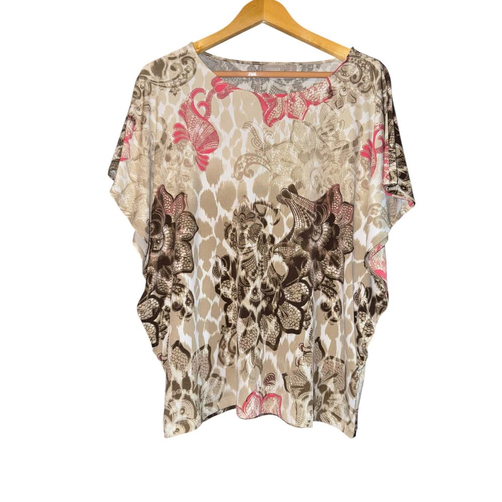 Chicos Paisley Flutter Sleeve Top Women's Large Old Money Animal Print Floral‎